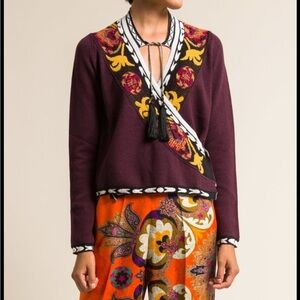 Etro Wool Cultural Print Wrap Cardigan in Merlot size IT 44/ US 8 Maroon Gold